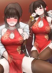 1boy absurdres bare_shoulders blush breasts brown_hair china_dress chinese_clothes cleavage cleavage_cutout clothing_cutout collarbone commander_(girls'_frontline) dress dsr-50_(girls'_frontline) dsr-50_(red_peony)_(girls'_frontline) female fingering fingering_through_clothes flower girls'_frontline grabbing_another's_breast groin_tendon groping hair_flower hair_ornament highres large_breasts long_hair looking_at_viewer official_alternate_costume pelvic_curtain pussy_juice_stain red_dress red_eyes shirt sidelocks smile solo thighhighs through_clothes trembling tun_turu10 very_long_hair white_shirt