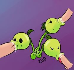 3_heads cum cum_in_mouth cum_inside drinking drinking_cum ejaculation eyelashes female flora_fauna group group_sex highres human kdd light-skinned_male male mammal multi_head oral peashooter_(pvz) penis plant plants_vs_zombies sex signature simple_background straight threepeater_(pvz)