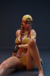 armband aura_(fortnite) backwards_baseball_cap bikini bikini_bottom bikini_top bracelet chain_necklace clothed clothed_female clothing facepaint female female_only fortnite hat kitway oil oiled oiled_skin shiny shiny_skin solo solo_female twin_braids twintails