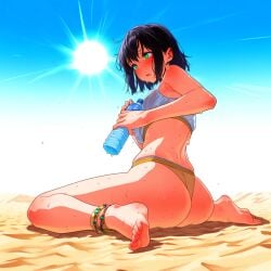 1girls ai_generated ass ass_focus bare_arms bare_back bare_legs bare_midriff bare_thighs barefoot blush bra brown_hair desert feet full_body green_eyes hot_pants hot_weather legs legs_apart looking_away original original_character overheated panties ponytail sand shiny_skin short_hair shorts sideboob sitting spread_legs sun sweat sweatdrop sweating thighs topwear wariza water_bottle wet_clothes white_shirt yeyehuh