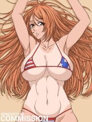 1girls big_breasts bikini bikini_bottom bikini_top bleach breasts commission defined_muscles embarrassed inoue_orihime light-skinned_female light_skin long_hair looking_at_viewer shy skwd tanline tanlines