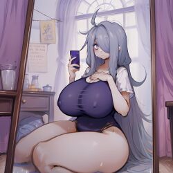 1girls ai_generated big_breasts blue_eyes blue_hair breasts cleavage grey_hair hair_over_one_eye hi_res highres huge_breasts large_breasts long_hair mei_(2b213) phone purple_eyes self_upload sweat swimsuit