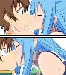 1boy 1girls aqua_(konosuba) blue_hair female kids kissing kono_subarashii_sekai_ni_shukufuku_wo! male racsoms satou_kazuma swirly_eyes