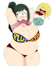 1girls all_might big_breasts black_hair blonde_hair blush bra breasts bursting_breasts chubby cleavage color cute eyebrows eyebrows_visible_through_hair fat female female_focus green_hair hand_on_head hands_up heart hi_res high_resolution highres huge_breasts inko_midoriya jinu light-skinned_female light_skin long_hair looking_away male mature_female milf mother my_hero_academia panties parent plain_background ponytail red_panties shirt shirt_in_mouth shirt_lift short_sleeves shounen_jump teasing text thick_thighs thighs toshinori_yagi voluptuous white_background yellow_hair