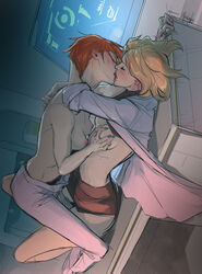 2d 2girls afterlaughs blizzard_entertainment blonde_hair blush breast_fondling breast_grab breasts closed_eyes female female_only kissing making_out mercy moira mostly_clothed multiple_girls nipples on_table overwatch passionate red_hair sharp_fingernails short_hair tomboy undressing yuri