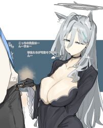 1boy animal_ears bar_censor black_gloves blue_archive blue_eyes breasts censored choker cleavage erection female gloves grey_hair hair_between_eyes hair_ornament hairclip halo highres large_breasts leebo_(leeboxxx) long_hair male_pubic_hair necktie penis pubic_hair sensei_(blue_archive) shiroko_(blue_archive) shiroko_terror_(blue_archive) small_penis straight testicles translation_request