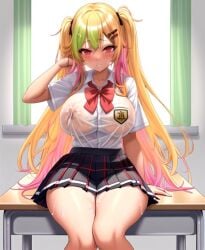 ai_generated bangs big_breasts classroom gyaru hand_on_hair huge_breasts kogal, long_hair miniskirt multicolored_hair nipples_visible_through_clothing plaid_skirt school_uniform shirt skirt sweat twintails wet_clothes wet_shirt white_shirt wide_hips zarazin