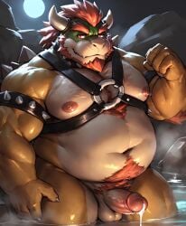 1boy ai_generated anthro balls beard belly body_hair bowser cum cumdrip dilf erection fat furry furry_only gay genitals hairy_chest horns koopa looking_at_viewer male male_nipples male_only mario_(series) nintendo nipples obese obese_male overweight overweight_male penis red_hair reptile scalie solo solo_male yiff