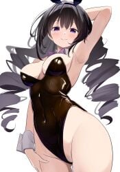 akemi_homura arm_behind_head armpits ass_visible_through_thighs bare_arms bare_legs bare_thighs belly_button_visible_through_clothing big_breasts black_hair black_leotard blush breasts bunny_ears bunnysuit cleavage closed_mouth drill_hair leotard long_hair mahou_shoujo_madoka_magica nagare_(flow) purple_eyes ribbon sideboob sleeveless_dress smile standing thighs twin_drills wrist_cuffs