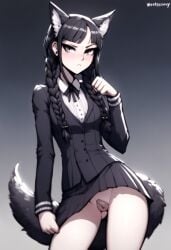 ai_generated black_hair canine_pussy cookie-girl dress ear_piercing fist_clenched frowning silver_eyes simple_background the_addams_family uniform upskirt wednesday_addams wolf_ears wolf_girl wolf_tail