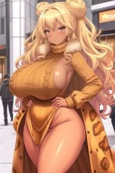 ai_generated bangs big_breasts big_breasts big_thighs blonde_hair brown_eyes curly_hair gyaru hair_buns hand_on_hip huge_breasts leopard_print loincloth long_coat long_curly_hair long_hair no_underwear sideboob slutty_clothing slutty_outfit sweater tan_skin tanned_girl turtleneck turtleneck_sweater wide_hips zarazin