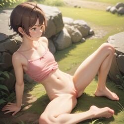 ai_generated bottom_nude brown_hair camisole female nature outside short_hair sitting skinny_waist spread teen