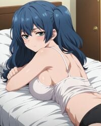 ai_generated back_view backboob big_breasts blue_eyes blue_hair blush huge_breasts light-skinned_female light_skin long_hair looking_back massive_breasts panties saiko_yonebayashi shortstack subaruarm tank_top thick_body thick_female tokyo_ghoul twintails voluptuous voluptuous_female