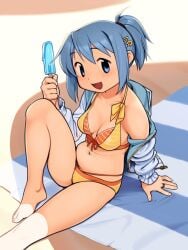 beach beach_towel bikini blue_eyes blue_hair chubby_female female_only light_blush mahou_shoujo_madoka_magica miki_sayaka ponytail popsicle smile solo striped_bikini striped_towel tomboy