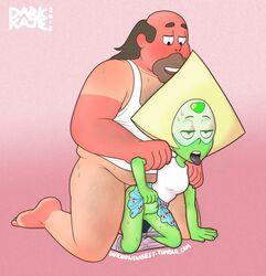 1boy 1girls 2018 5_fingers ahe_gao bedroom_eyes brown_hair dark_kaje doggy_style gradient_background green_skin greg_universe kneeling looking_at_another looking_down navel panties panties_around_leg peridot_(steven_universe) pink_background print_shirt shirt skirt skirt_lift steven_universe stomach_bulge straight sweat tan tan_lines tongue tongue_out visor white_shirt yellow_hair