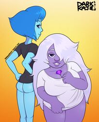 2018 2girls amethyst_(steven_universe) black_shirt blue_eyes blue_hair blue_skin cleavage dark_kaje gradient_background lapis_lazuli_(steven_universe) looking_at_viewer looking_back orange_background purple_eyes purple_skin rear_view shirt smile steven_universe white_hair white_shirt