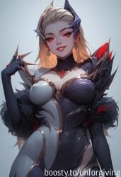 ai_generated belly bodysuit breasts coven_evelynn covered_nipples eclipse_series evelynn hips league_of_legends legs long_hair red_eyes taut_clothes unforgiving