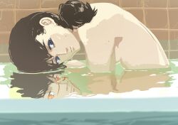 azuma_yamabiko bath bathing bathroom blue_eyes chainsaw_man female female_only looking_at_viewer mitaka_asa naked no_outlines nude pale-skinned_female pale_skin partially_submerged red_eyes reflection scar sideboob solo solo_female water yoru_(chainsaw_man)