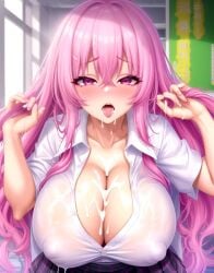 after_paizuri ai_generated bangs big_breasts blush cleavage covered_in_cum cum_on_breasts gyaru huge_breasts kogal long_hair miniskirt nipples_visible_through_clothing open_shirt pink_eyes pink_hair plaid_skirt school_uniform slutty_outfit wet_shirt zarazin