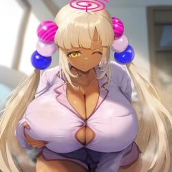 ai_generated big_breasts blonde_hair breasts brown_skin button_gap center_opening cleavage dark-skinned_female dark_skin hand_on_breast hololive hololive_english hololive_english_-council- huge_breasts large_breasts one_eye_closed paizuri_invitation pajamas thick_thighs tsukumo_sana virtual_youtuber vtuber wink yellow_eyes