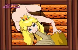 1boy 1girls :>= blonde_hair blowjob blue_eyes crown eye_contact fellatio female fringe kneeling larry_koopa light-skinned_female long_hair looking_at_viewer mario_(series) oral petite pink_lipstick pov princess princess_peach royalty screenshot slim