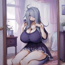 1girls ai_generated big_breasts blue_eyes blue_hair breasts dress grey_hair hair_over_one_eye hi_res highres huge_breasts large_breasts long_hair mei_(2b213) mirror open_clothes phone purple_eyes self_upload