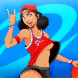 1girls areolae bishopbb black_hair breasts brown_eyes brown_hair brown_skin brunette cheerleader curly_hair dark-skinned_female dark_skin eyelashes eyeliner female female_only fortnite hat looking_at_viewer necklace nipples open_mouth red_hat redbone skinny slim solo tagme throat tongue tongue_out triple_threat upshirt