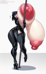 1girl black_hair bodysuit cybernetics female female_only gutsumi hanging_breasts high_heels huge_breasts huge_nipples hyper_breasts hyper_nipples open_mouth stripper_pole surprised