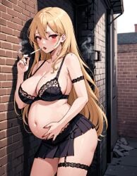 ai_generated bad_parenting blonde_hair cigarette garter_belt lingerie miniskirt pregnant prostitution red_eyes smoking