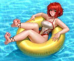 bikini ear_piercing feet feet_up green_eyes kairuhentai kairunoburogu looking_at_viewer mole neckwear nipple_bulge pool red_hair smiling soles solo_female toe_curl toe_ring