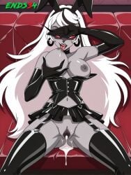 after_sex ai_generated big_breasts breast_grab breast_sucking breasts breasts_out bunny_ears bunny_girl bunnysuit carmilla_carmine cum cum_in_pussy ends34 female female_only grey_body hazbin_hotel latex long_hair milf mother silver_hair stockings sucking white_hair
