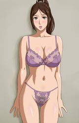 against_wall areolae bare_arms bare_legs bare_shoulders blush bra breasts brown_eyes brown_hair cameltoe cowboy_shot embarrassed fatal_fury female groin high_ponytail highres king_of_fighters large_breasts legs lingerie lips lipstick long_hair looking_at_viewer mai_shiranui makeup matching_hair/eyes midriff navel panties parted_lips pink_lips ponytail pubic_hair purple_bra purple_lingerie purple_panties purple_thong see-through snk solo standing thigh_gap thighs thong underwear wall x_bokkis