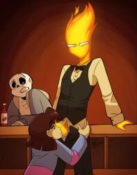 1girl 2019 2boys animated_skeleton blowjob blush bow_tie brown_hair cocktail_dress female fire frisk glasses grillby ketchup_bottle orange_penis rexphilia sans undertale undertale_(series) undertale_fanfiction