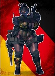 belly_button_visible_through_clothing big_breasts big_thighs black_boots black_legwear blue_hair boots camo_clothing camo_print fishnet_clothing fishnet_legwear fishnets german_flag gloves gun huge_breasts huge_thighs jeelbyart large_breasts large_thighs magazine_(weapon) mask military military_hat military_jacket military_uniform muscular night_vision_goggles nipple_bulge nipples_bulge revealing_clothes slim_waist yellow_eyes