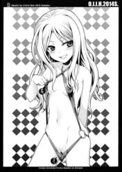 40010prototype bar_censor blush breasts censored character_name copyright_name erect_nipples female frenda_seivelun highres long_hair looking_at_viewer monochrome navel nipples pussy seductive_smile sling_bikini small_breasts smile solo swimsuit swimsuit_pull to_aru_kagaku_no_railgun to_aru_majutsu_no_index