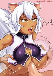 animal_humanoid big_breasts blazblue breasts cleavage clothed clothing dark-skinned_female dark_skin erection faceless_male female hair hi_res huge_breasts humanoid japanese_text makoto_nanaya male mammal open_mouth penis pink_background rodent sex simple_background sowilo squirrel squirrel_humanoid text video_games white_hair yellow_eyes