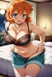 :d aged_up ai_generated aqua_eyes bangs bare_shoulders bed bed_sheet black_bra black_clothes black_panties black_underwear blue_shorts blush bow bow_bra bra breasts clavicle cleavage clothing denim denim_shorts earrings female female female_only green_eyes hair_between_eyes heart huge_breasts indoors jewelry kasumi_(pokemon) kasumi_(pokemon) lace lace-trimmed_bra lace_trim large_breasts looking_at_viewer medium_hair misty_(pokemon_hgss) navel night night_sky no_shirt on_bed open-mouth_smile open_fly open_mouth orange_hair pantsu pokemon pokemon_character pokemon_gsc pokemon_hgss shiny shiny_skin shirt short_hair short_shorts shorts sky smile solo stomach sweat thick_thighs thighs underwear undressing unzipped window