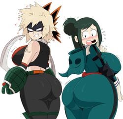 2girls ass big_ass big_breasts big_butt blush bodysuit breasts bubble_ass bubble_butt butt fat_ass female female_only green_hair grin huge_ass huge_breasts huge_butt inko_midoriya izuku_midoriya_(cosplay) jinu katsuki_bakugou_(cosplay) mature_female milf mitsuki_bakugou moaning mother my_hero_academia naughty_face parent seductive seductive_smile shounen_jump skin_tight smile thick thick_thighs wearing_son’s_clothes wide_hips