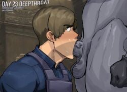 2boys big_thighs blonde_hair blowjob fixed_art gay good_boy human leon_scott_kennedy male police_uniform size_difference slurp sweaty tyrant veiny_penis