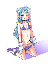 1boy bar_censor bare_arms bare_shoulders bikini bikini_pull blue_bikini blue_eyes blue_hair blush censored closed_mouth collarbone erection full_body gloves hacka_doll hacka_doll_3 heart heart-shaped_pupils kneeling long_hair male_focus navel penis pointless_censoring ribs simple_background solo stomach swimsuit symbol-shaped_pupils testicles tongue tongue_out trap unmaker v-shaped_eyebrows white_background white_gloves