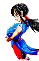 1girls 2d area5169458561 chichi chichi_(dragon_ball) dragon_ball dragon_ball_z female footwear full_color fully_clothed looking_back no_penetration solo solo_female squeezing_breasts stretching traditional_media_(artwork)