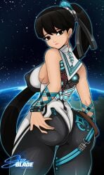 1girls ass ass_grab black_hair breasts brown_eyes eve_(stellar_blade) feet_out_of_frame female female_only from_behind hand_on_own_ass large_breasts long_hair looking_back nipple_bulge sideboob solo sonson-sensei source_request stellar_blade