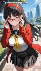 1girls 2025 adjusting_eyewear ai_assisted ai_generated amagi_yukiko anime artist_name bangs black_hair black_sailor_collar black_skirt blue_sky blush breast breasts breasts breasts bridge building bush bust cardigan chain-link_fence chest city cityscape cloud day explicit female fence glasses hairband hi_res high_quality high_resolution highres house jacket lamppost long_hair long_sleeves looking_at_viewer open_cardigan open_clothes outdoors park park_bench patreon patreon_username persona persona_4 pleated_skirt red-framed_eyewear red_hairband red_jacket road rooftop sailor_collar school school_uniform serafuku skirt sky skypassion skyscraper solo stable_diffusion street town tree watermark white_shirt