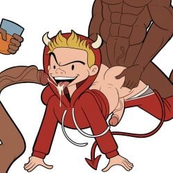 3boys all_fours anal ass blonde_hair boxers cartoony costume cum cum_in_mouth cum_on_tongue dark-skinned_male dark_skin demon_costume demon_horns demon_tail erect_penis erection gay grabbing_ass grey_underwear halloween hoodie horns interracial iyumiblue jimmy_brando light-skinned_male light_skin male male_only muscular muscular_male pants pants_down penis png red_hoodie red_pants scary_godmother_(series) spitroast threesome tongue_out transparent_background underwear veiny_penis yaoi