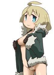 artstyle_imitation blonde_hair blue_eyes breasts female fur_trim girls'_last_tour hamahara_yoshio jacket nipples open_clothes pubic_hair pussy short_hair shoujo_shuumatsu_ryokou simple_background smile solo white_background yuuri_(shoujo_shuumatsu_ryokou)