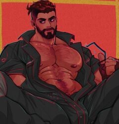 abs agent_p-3 atomic_heart bara beard biceps bulge clothing male male_nipples male_only muscular_male nipples pecs tight_clothing vapedrone