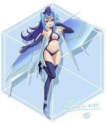 blue_hair blush cosplay edit edited female gloves kamishiro_rio legwear long_hair looking_at_another navel one_leg_raised ponytail pose red_eyes restored rio_kamishiro rourou_ill smile solo yu-gi-oh! yu-gi-oh!_zexal