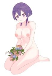 1girls bernadetta_von_varley fire_emblem fire_emblem:_three_houses flowers large_breasts looking_at_viewer nintendo nipples nude nude_female post-timeskip purple_eyes purple_hair sitting sitting_on_floor smile soulx720