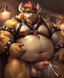 1boy ai_generated anthro balls beard belly bowser cum cumshot dilf ejaculation furry furry_only gay genitals hairy_chest horns koopa looking_at_viewer male male_nipples male_only mario_(series) nintendo nipples obese obese_male overweight overweight_male penis red_hair reptile scalie solo solo_male yiff