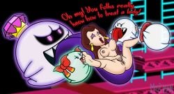 1girls big_tongue boo_(mario) breasts brown_hair closed_eyes crown donkey_kong_(series) female ghost human king_boo lady_bow large_tongue licking licking_breast licking_foot lipstick luigi's_mansion mario_(series) nintendo nipples nude nude_female open_mouth pauline purple_tongue pussy pussy_juice red_lipstick red_tounge sharp_teeth text the_moss-man tongue tongue_out